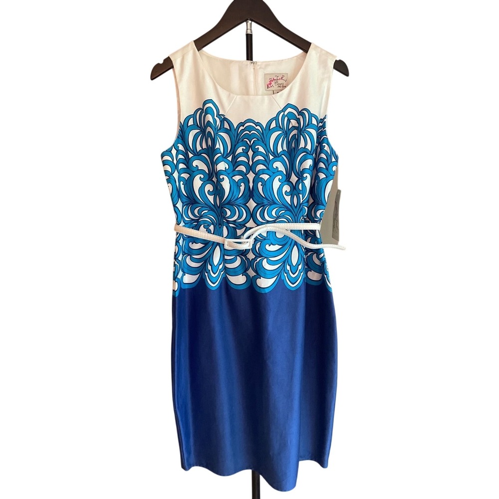 Blue White Sheath Dress Women's Size 10 Cece's New York Retro Preppy NWT